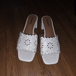 White Scalloped Laser-Cut Block Heel Mule by white m.t.